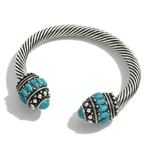 Twisted Cable Metal Western Bangle With Turquoise Stone Accents - Picture 1 of 3